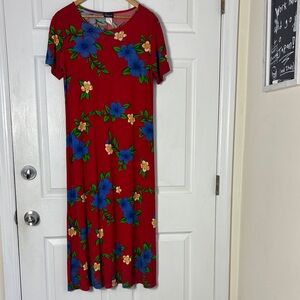 Royal Creations Red Short Sleeve Midi Dress Blue Green Floral Print Size Medium